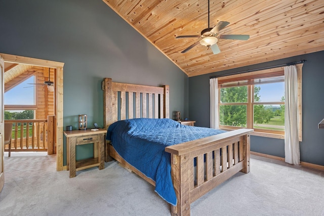 70824 227th St, Dassel Twp, MN 55325 - bedroom with carpet floors, wood ceiling, multiple windows, high vaulted ceiling, and ceiling fan