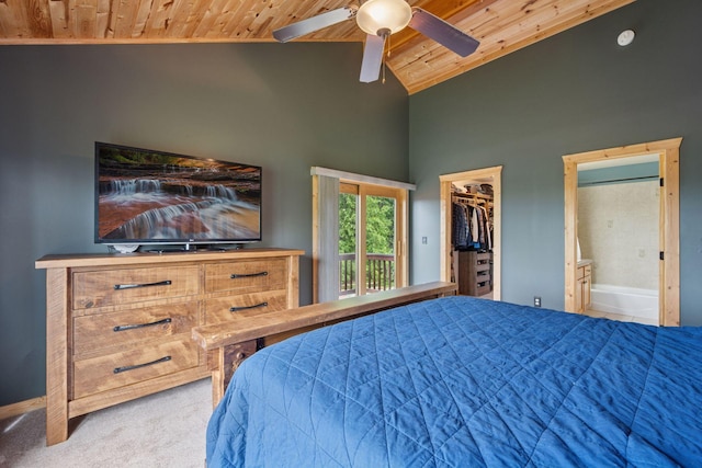 70824 227th St, Dassel Twp, MN 55325 - bedroom with a wood ceiling with exposed beams, a spacious closet, ensuite bathroom, high vaulted ceiling, and ceiling fan