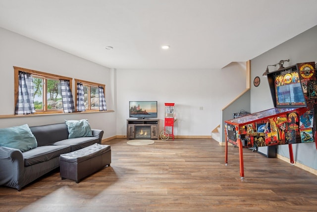 70824 227th St, Dassel Twp, MN 55325 - living room with wood finished floors, stairway, and recessed lighting