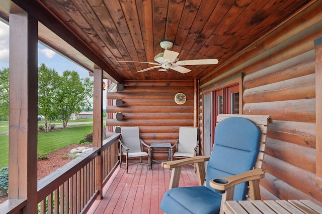 70824 227th St, Dassel Twp, MN 55325 - deck featuring a ceiling fan and a lawn