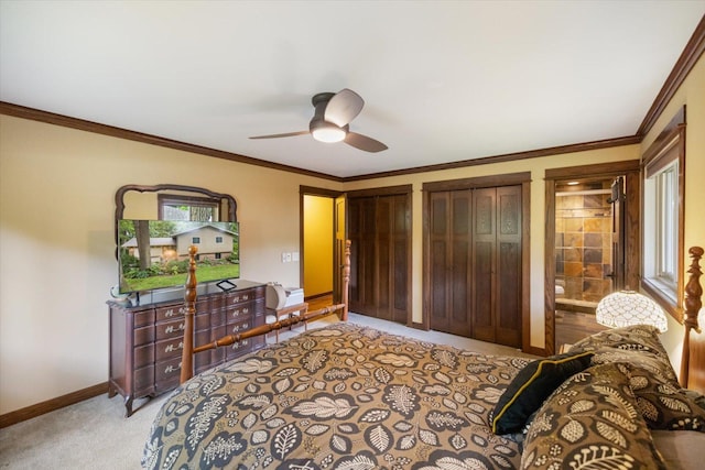 520 Wedgewood Ln N, Plymouth, MN 55441 - bedroom featuring light colored carpet, two closets, crown molding, and a ceiling fan
