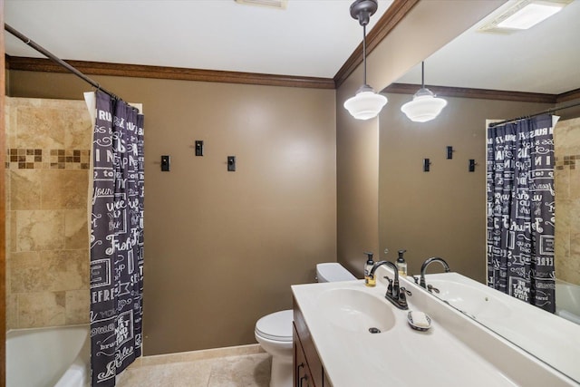 520 Wedgewood Ln N, Plymouth, MN 55441 - full bathroom with ornamental molding, vanity, shower / tub combo, and tile patterned floors