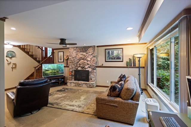 520 Wedgewood Ln N, Plymouth, MN 55441 - living room with a ceiling fan, a fireplace, stairway, carpet, and recessed lighting