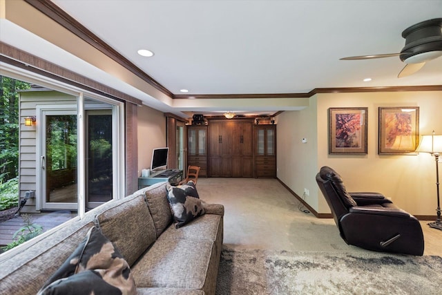 520 Wedgewood Ln N, Plymouth, MN 55441 - carpeted living room featuring ornamental molding, recessed lighting, and ceiling fan