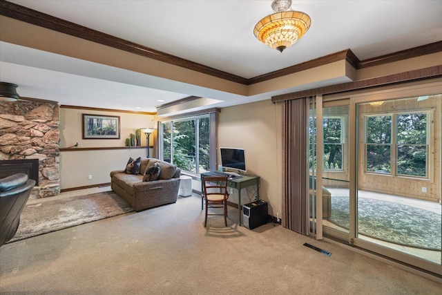 520 Wedgewood Ln N, Plymouth, MN 55441 - carpeted living area featuring crown molding and a stone fireplace