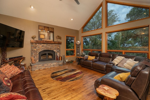 175 6th Ln NE, Oronoco, MN 55960 - living room with wood finished floors, a glass covered fireplace, and high vaulted ceiling