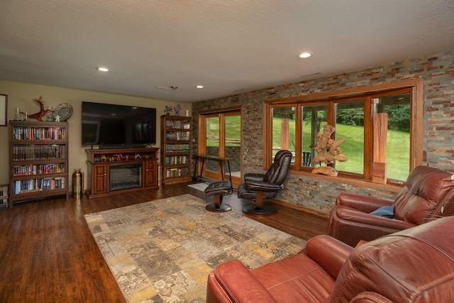 175 6th Ln NE, Oronoco, MN 55960 - living area featuring a glass covered fireplace, wood finished floors, recessed lighting, and a textured ceiling