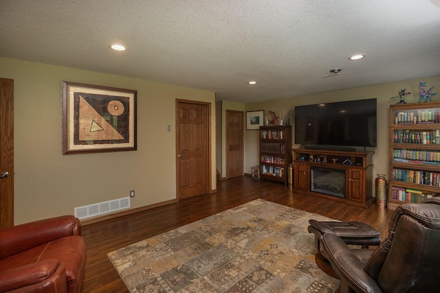 175 6th Ln NE, Oronoco, MN 55960 - living area with a fireplace, a textured ceiling, dark wood finished floors, and recessed lighting