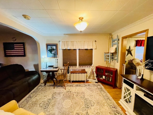 223 4th St, Virginia, MN 55792 - living area featuring arched walkways, wood finished floors, and crown molding