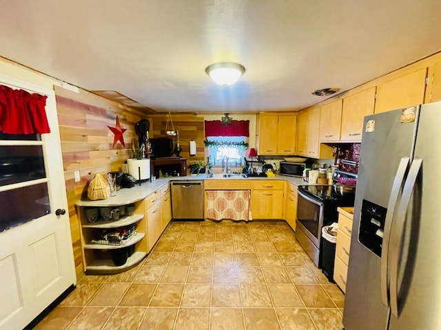 223 4th St, Virginia, MN 55792 - kitchen featuring appliances with stainless steel finishes, light brown cabinets, light countertops, light tile patterned floors, and open shelves