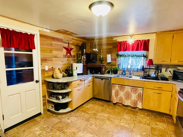 223 4th St, Virginia, MN 55792 - kitchen featuring appliances with stainless steel finishes, light countertops, open shelves, and wooden walls