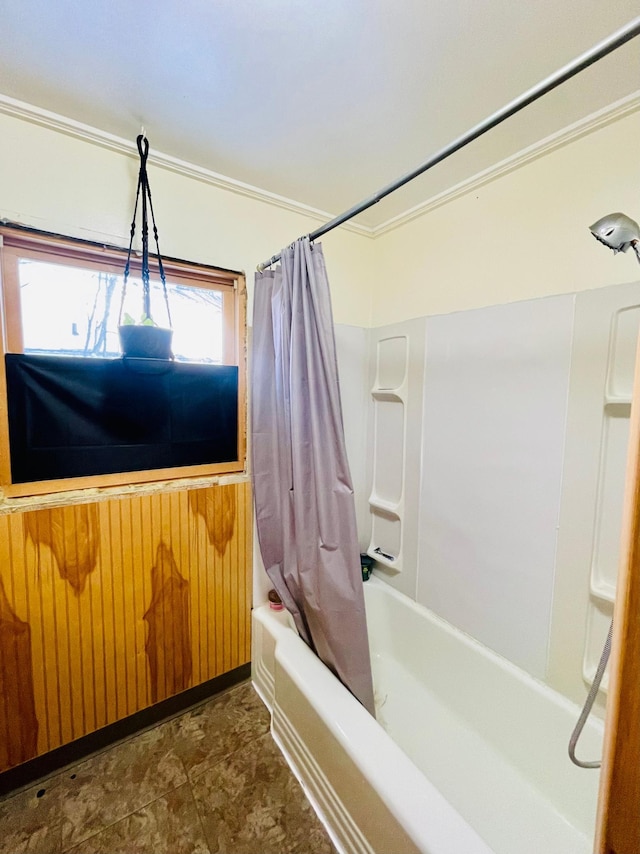 223 4th St, Virginia, MN 55792 - full bathroom with shower / bath combo and wooden walls