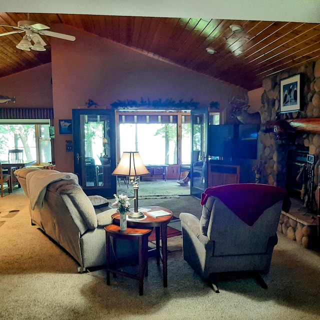 11160 Ottertail Point Dr NW, Cass Lake, MN 56633 - living room with lofted ceiling, wooden ceiling, a ceiling fan, and carpet floors