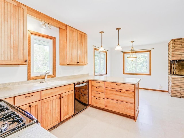 7651 86th St, Bloomington, MN 55438 - kitchen with black dishwasher, a peninsula, light brown cabinetry, light countertops, and hanging light fixtures