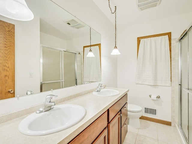 7651 86th St, Bloomington, MN 55438 - bathroom with a stall shower, tile patterned flooring, double vanity, and a wall mounted AC