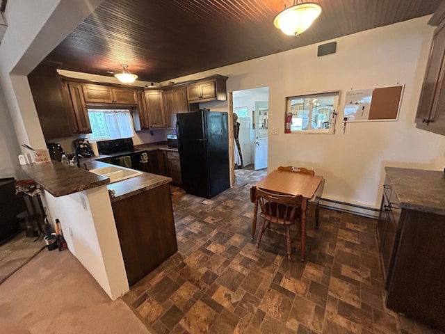 29184 Jana Rd, Scott Twp, WI 54830 - kitchen with black appliances, dark countertops, a baseboard heating unit, a peninsula, and wood ceiling