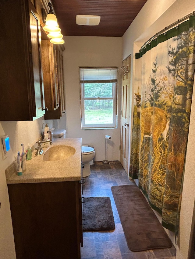 29184 Jana Rd, Scott Twp, WI 54830 - full bath with vanity, wood ceiling, and a shower with shower curtain