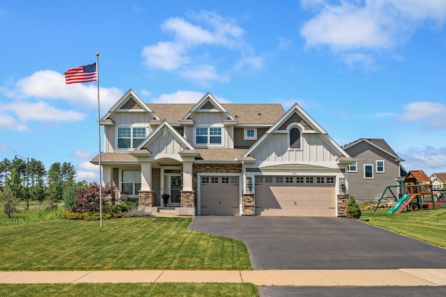 9871 7th St N, Lake Elmo, MN 55042 - craftsman inspired home with board and batten siding, asphalt driveway, a front lawn, and a garage