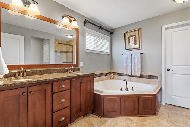 9871 7th St N, Lake Elmo, MN 55042 - bathroom featuring a stall shower, a bath, and double vanity