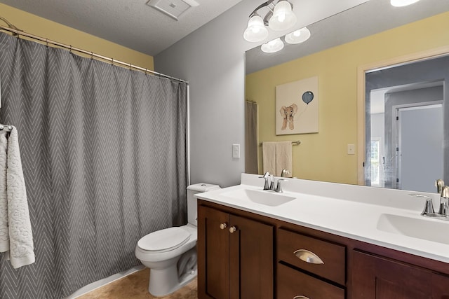 9871 7th St N, Lake Elmo, MN 55042 - bathroom with double vanity, tile patterned floors, curtained shower, and a textured ceiling