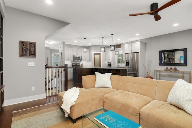 677 Sandstone Cir, Orono, MN 55356 - living room featuring recessed lighting, ceiling fan, and dark wood finished floors