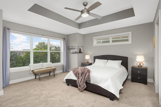 677 Sandstone Cir, Orono, MN 55356 - bedroom featuring a tray ceiling, carpet flooring, and a ceiling fan