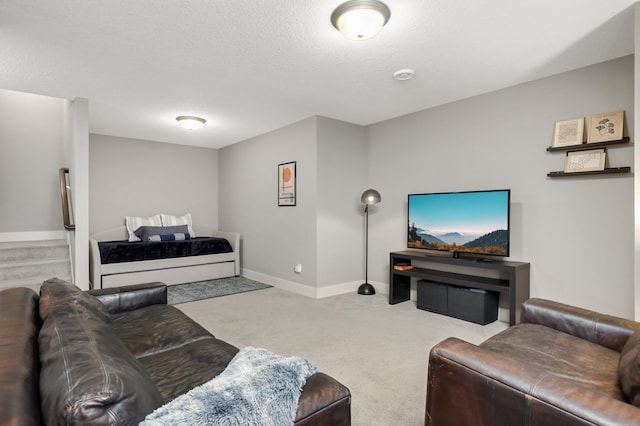 677 Sandstone Cir, Orono, MN 55356 - living area featuring carpet flooring, a textured ceiling, and stairway