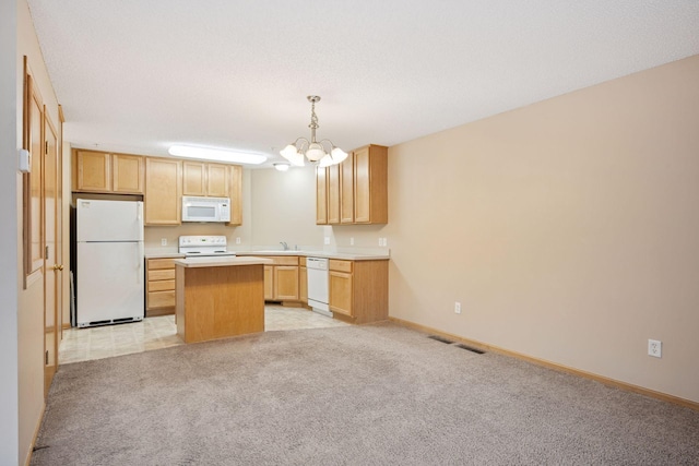 17641 69th Pl N, Maple Grove, MN 55311 - kitchen featuring white appliances, a center island, light brown cabinetry, and a chandelier