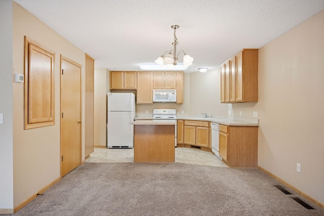 17641 69th Pl N, Maple Grove, MN 55311 - kitchen featuring white appliances, a chandelier, a center island, light countertops, and light colored carpet