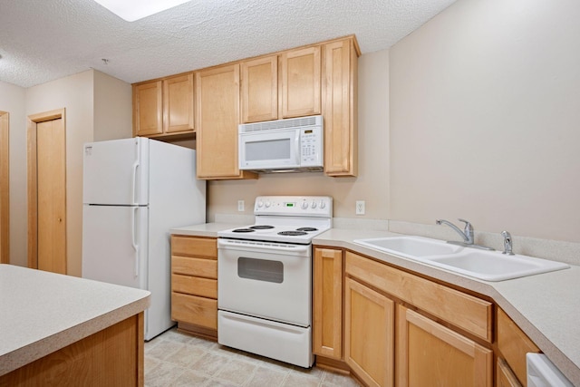 17641 69th Pl N, Maple Grove, MN 55311 - kitchen featuring white appliances, a textured ceiling, light brown cabinetry, and light countertops