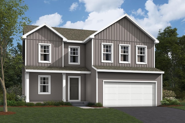 1260 Edge Way, Jordan, MN 55352 - view of front of property featuring board and batten siding, a garage, a shingled roof, and a front yard