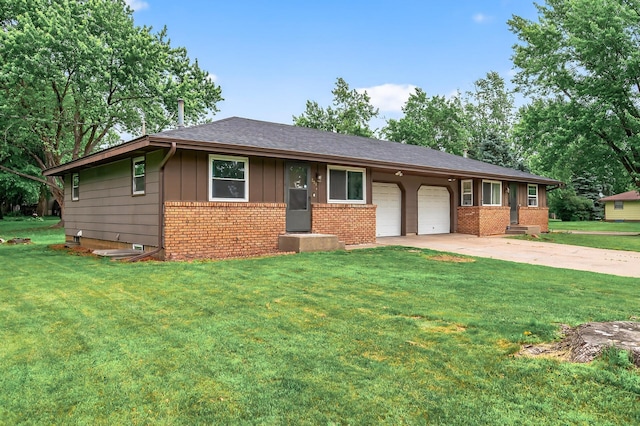 800-802 Parkview Ln, Champlin, MN 55316 - ranch-style house with board and batten siding, brick siding, a garage, a front lawn, and driveway