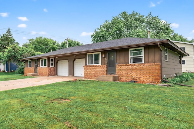800-802 Parkview Ln, Champlin, MN 55316 - ranch-style home featuring brick siding, board and batten siding, an attached garage, a front yard, and concrete driveway