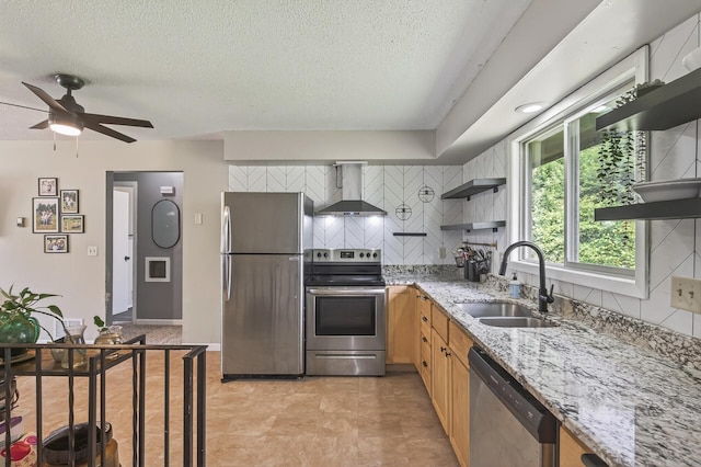 800-802 Parkview Ln, Champlin, MN 55316 - kitchen with appliances with stainless steel finishes, wall chimney range hood, open shelves, tasteful backsplash, and light stone countertops