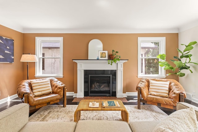3615 33rd Ave S, Minneapolis, MN 55406 - living room featuring a fireplace with flush hearth and wood finished floors