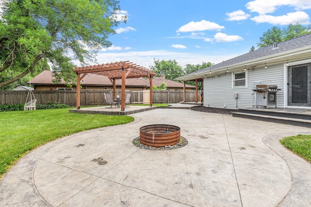 854 Fairfield Rd, New Richmond, WI 54017 - fenced backyard with a patio area, an outdoor fire pit, a pergola, and a grill