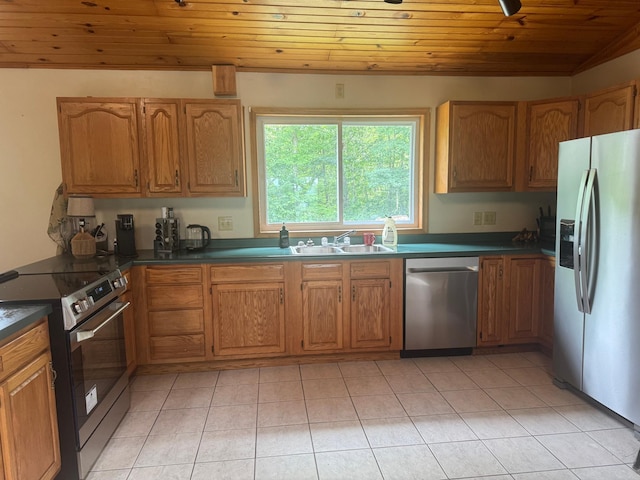 1952 75th Ave, Dresser, WI 54009 - kitchen featuring stainless steel appliances, wood ceiling, dark countertops, light tile patterned floors, and brown cabinetry