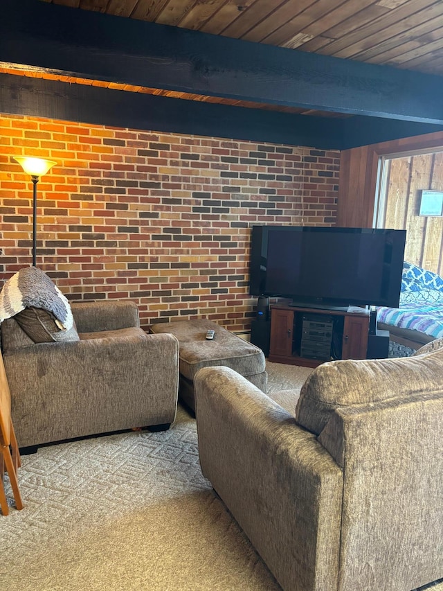 9151 Breezy Point Dr Unit 424, Pequot Lakes, MN 56472 - carpeted living area with brick wall and a wood ceiling with exposed beams