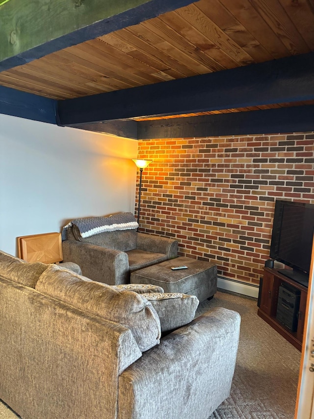 9151 Breezy Point Dr Unit 424, Pequot Lakes, MN 56472 - carpeted living room with a wooden ceiling with exposed beams, brick wall, and a baseboard heating unit