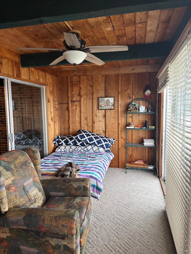9151 Breezy Point Dr Unit 424, Pequot Lakes, MN 56472 - carpeted bedroom with a wooden ceiling with exposed beams and wooden walls