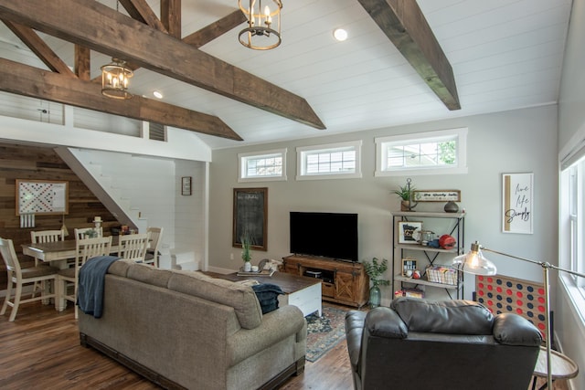 21865 512th Ln, Mcgregor, MN 55760 - living room with plenty of natural light, wooden walls, beamed ceiling, stairway, and wood finished floors