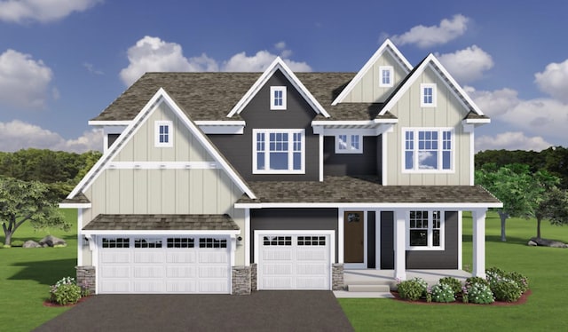 18210 102nd Pl N, Maple Grove, MN 55311 - craftsman inspired home featuring board and batten siding, driveway, a front lawn, an attached garage, and covered porch
