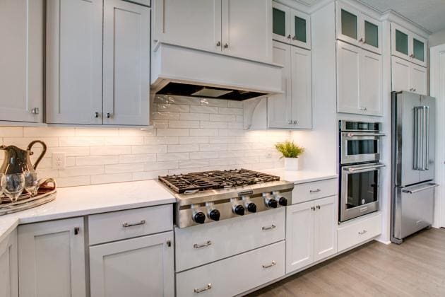 18210 102nd Pl N, Maple Grove, MN 55311 - kitchen featuring stainless steel appliances, custom exhaust hood, light countertops, tasteful backsplash, and light wood-style floors