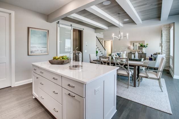18210 102nd Pl N, Maple Grove, MN 55311 - kitchen with beam ceiling, dark wood finished floors, white cabinetry, a barn door, and pendant lighting