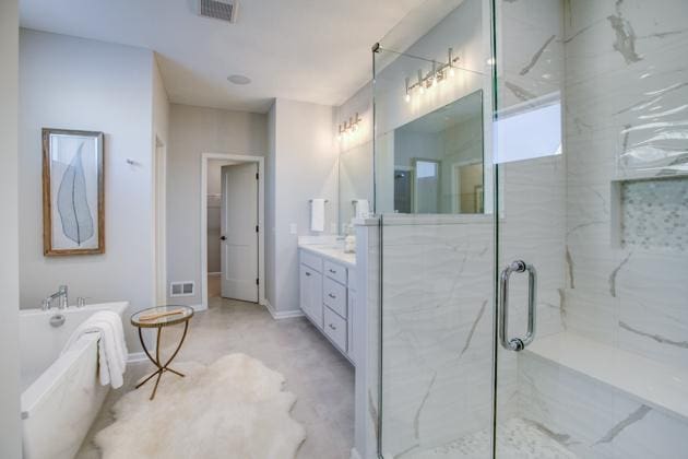 18210 102nd Pl N, Maple Grove, MN 55311 - bathroom with a freestanding tub, vanity, and a marble finish shower