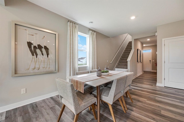 17021 Draper Way, Lakeville, MN 55044 - dining room featuring wood finished floors, stairway, and recessed lighting