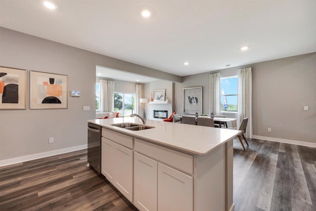 17021 Draper Way, Lakeville, MN 55044 - kitchen with stainless steel dishwasher, a glass covered fireplace, dark wood finished floors, recessed lighting, and light countertops