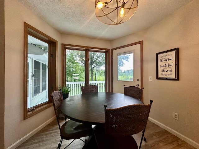 18224 Flanders St NE, East Bethel, MN 55092 - dining area featuring wood finished floors, a chandelier, and a textured ceiling