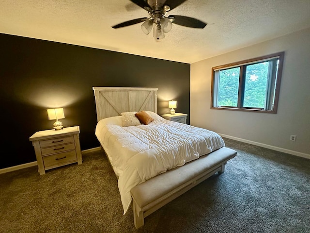 18224 Flanders St NE, East Bethel, MN 55092 - bedroom featuring a textured ceiling, dark carpet, and a ceiling fan