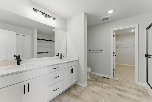 19391 Clearwater Loop, Farmington, MN 55024 - bathroom featuring double vanity, a shower with door, a spacious closet, and a textured ceiling